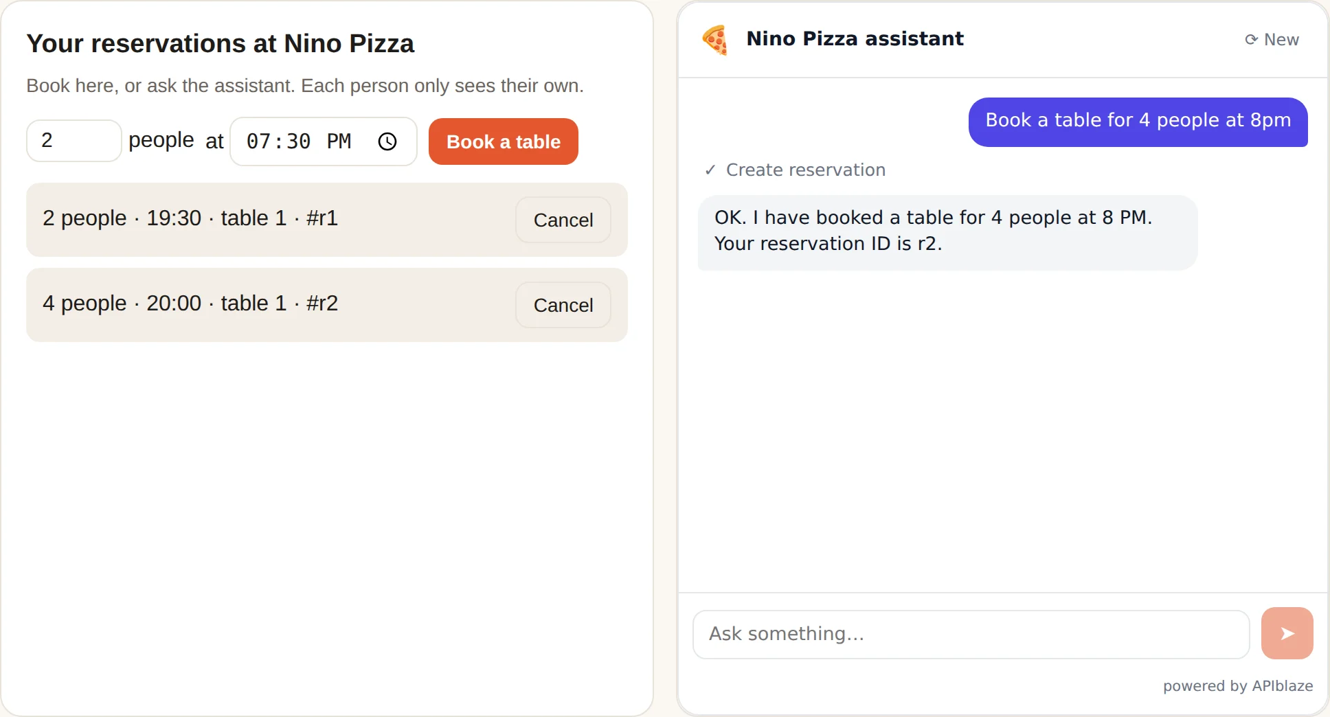 “Book a table for 4 people at 8pm”: the assistant calls Create reservation, and the booking appears in Ana's list.